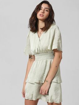 ONLY - Women Solid Polyester Above Knee Green Tiered Dress