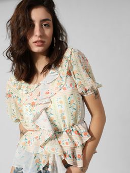 ONLY - Women Printed Polyester White Peplum Top