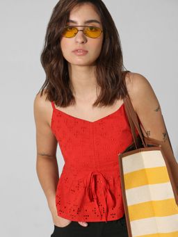 ONLY - Women Self Design Cotton Crop Length Red Peplum Top