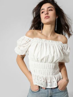 ONLY - Women Self Design Cotton White Peplum Top