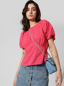 ONLY - Women Self Design Cotton Pink Peplum Top