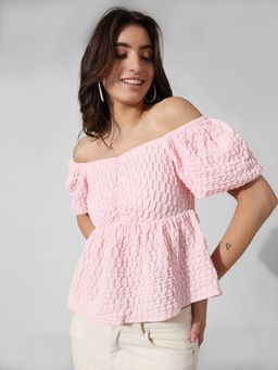 ONLY - Women Self Design Polyester Relaxed Fit Crop Length Pink Peplum Top