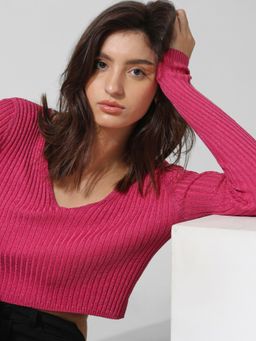 ONLY - Women Solid Viscose Crop Length Pink Sweater