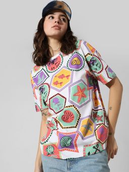 ONLY - Women Printed Cotton Oversized White T-Shirt