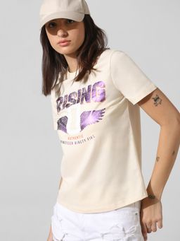 ONLY - Women Printed Cotton Beige T-Shirt