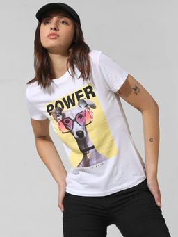 ONLY - Women Printed Cotton White T-Shirt
