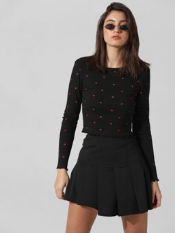 ONLY - Women Printed Cotton Crop Length Black T-Shirt