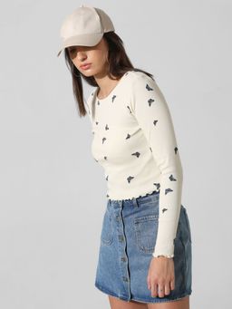 ONLY - Women Printed Cotton Crop Length Beige T-Shirt