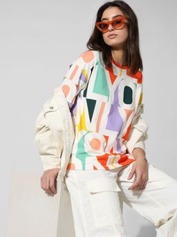 ONLY - Women Printed Cotton Oversized Multi-Color T-Shirt