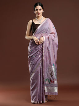 Sarha - Woven Design Floral Muga Cotton Purple Saree with Unstitched Blouse