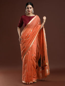 Sarha - Woven Design Floral Muga Cotton Orange Saree with Unstitched Blouse