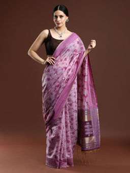 Sarha - Woven Design Floral Chanderi Cotton Purple Saree with Unstitched Blouse
