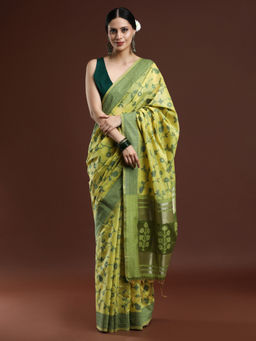 Sarha - Woven Design Floral Chanderi Cotton Lime Green Saree with Unstitched Blouse