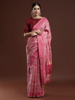Sarha - Woven Design Floral Chanderi Cotton Pink Saree with Unstitched Blouse