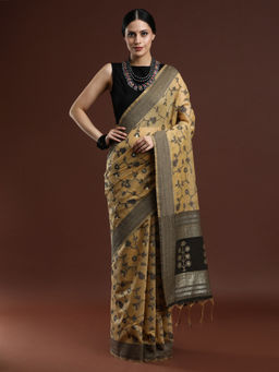 Sarha - Woven Design Floral Chanderi Cotton Occur Yellow Saree with Unstitched Blouse