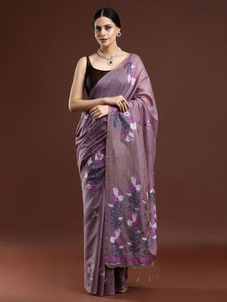 Sarha - Woven Design Floral Muga Purple Cotton Saree with Unstitched Blouse