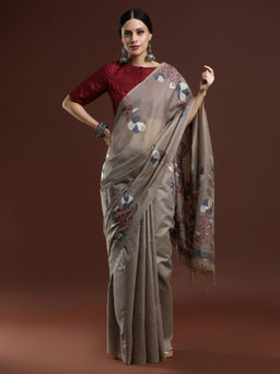 Sarha - Woven Design Floral Muga Cotton Grey Saree with Unstitched Blouse