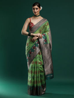 Sarha - Woven Design Chanderi Cotton Green Saree with Unstitched Blouse
