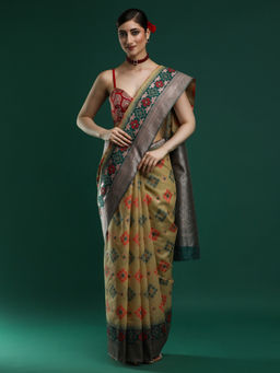 Sarha - Woven Geometric Chanderi Cotton Yellow Saree with Unstitched Blouse