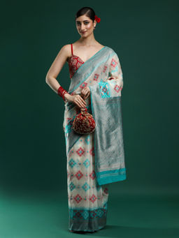 Sarha - Woven Geometric Design Chanderi Cotton Light Grey Saree with Unstitched Blouse