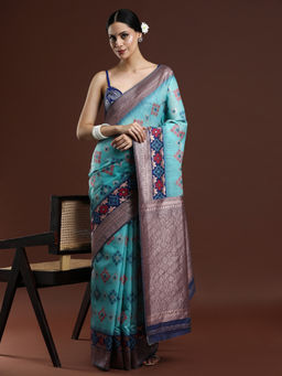 Sarha - Woven Design Chanderi Cotton Blue Saree with Unstitched Blouse