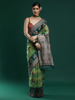 Sarha - Woven Floral Design Chanderi Cotton Green Saree with Unstitched Blouse