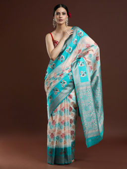 Sarha - Woven Floral Design Chanderi Cotton Light Blue Saree with Unstitched Blouse
