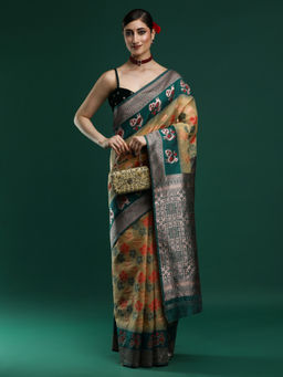 Sarha - Woven Floral Design Chanderi Cotton Dark Yellow Saree with Unstitched Blouse