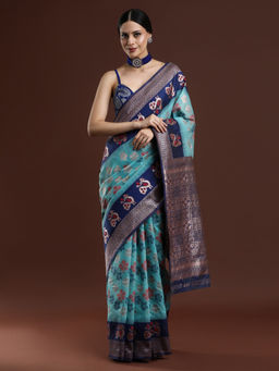 Sarha - Woven Floral Design Chanderi Cotton Blue Saree with Unstitched Blouse
