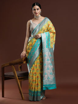 Sarha - Woven Geometric Design Chanderi Cotton Yellow Saree with Unstitched Blouse