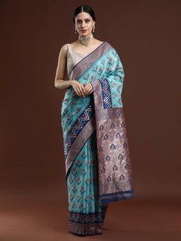 Sarha - Woven Geometric Design Chanderi Cotton Blue Saree with Unstitched Blouse