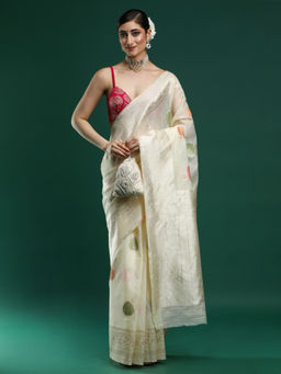 Sarha - Woven Design Chanderi Cotton Cream Saree with Unstitched Blouse