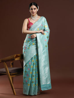 Sarha - Woven Design Chanderi Cotton Blue Floral Saree with Unstitched Blouse