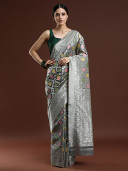 Sarha - Woven Design Chanderi Cotton Grey Saree with Unstitched Blouse