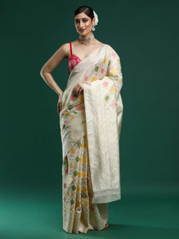 Sarha - Woven Floral Design Chanderi Cotton Cream Saree with Unstitched Blouse