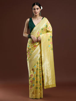 Sarha - Yellow Woven Floral Design Chanderi Cotton Saree with Unstitched Blouse