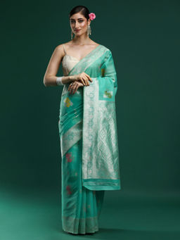 Sarha - Woven Design Floral Chanderi Cotton Sea Green Saree with Unstitched Blouse