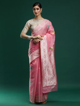 Sarha - Woven Design Floral Chanderi Cotton Pink Handloom Saree with Unstitched Blouse