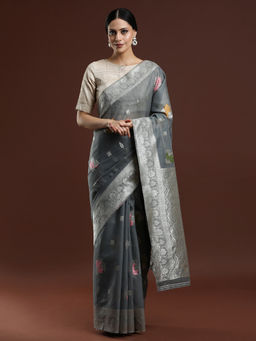 Sarha - Woven Design Floral Chanderi Cotton Grey Saree with Unstitched Blouse