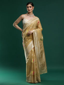 Sarha - Woven Floral Chanderi Cotton Beige Handloom Saree with Unstitched Blouse