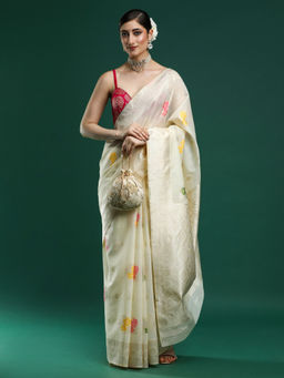 Sarha - Woven Design Floral Chanderi Cotton Cream Saree with Unstitched Blouse