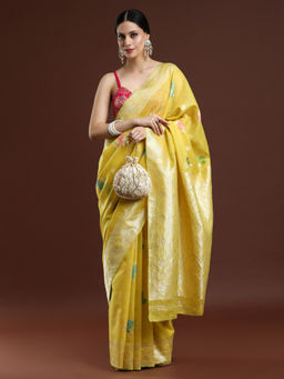 Sarha - Woven Design Floral Chanderi Cotton Yellow Saree with Unstitched Blouse