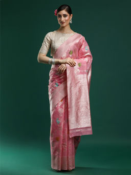 Sarha - Pink Woven Design Floral Chanderi Cotton Saree with Unstitched Blouse