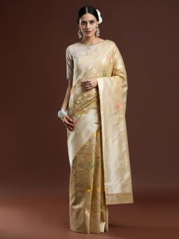 Sarha - Woven Design Floral Chanderi Cotton Beige Saree with Unstitched Blouse