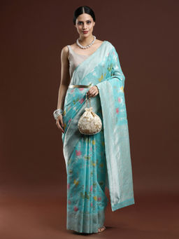 Sarha - Woven Design Floral Chanderi Cotton Blue Saree with Unstitched Blouse
