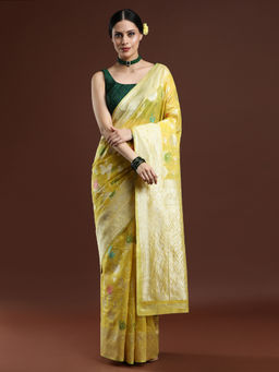 Sarha - Woven Design Floral Chanderi Yellow Cotton Saree with Unstitched Blouse