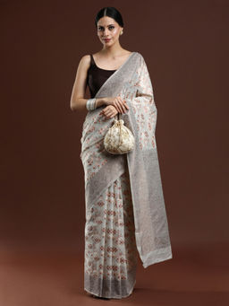 Sarha - Woven Floral Design Chanderi Cotton Light Grey Saree with Unstitched Blouse