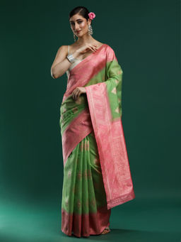 Sarha - Woven Design Chanderi Cotton Green Floral Saree with Unstitched Blouse