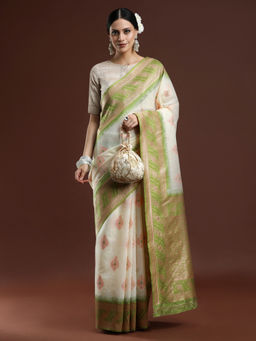 Sarha - Woven Design Chanderi Cotton Cream Handloom Saree with Unstitched Blouse