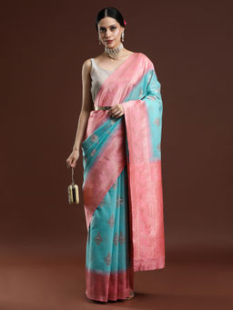 Sarha - Woven Design Chanderi Cotton Light Blue Handloom Saree with Unstitched Blouse